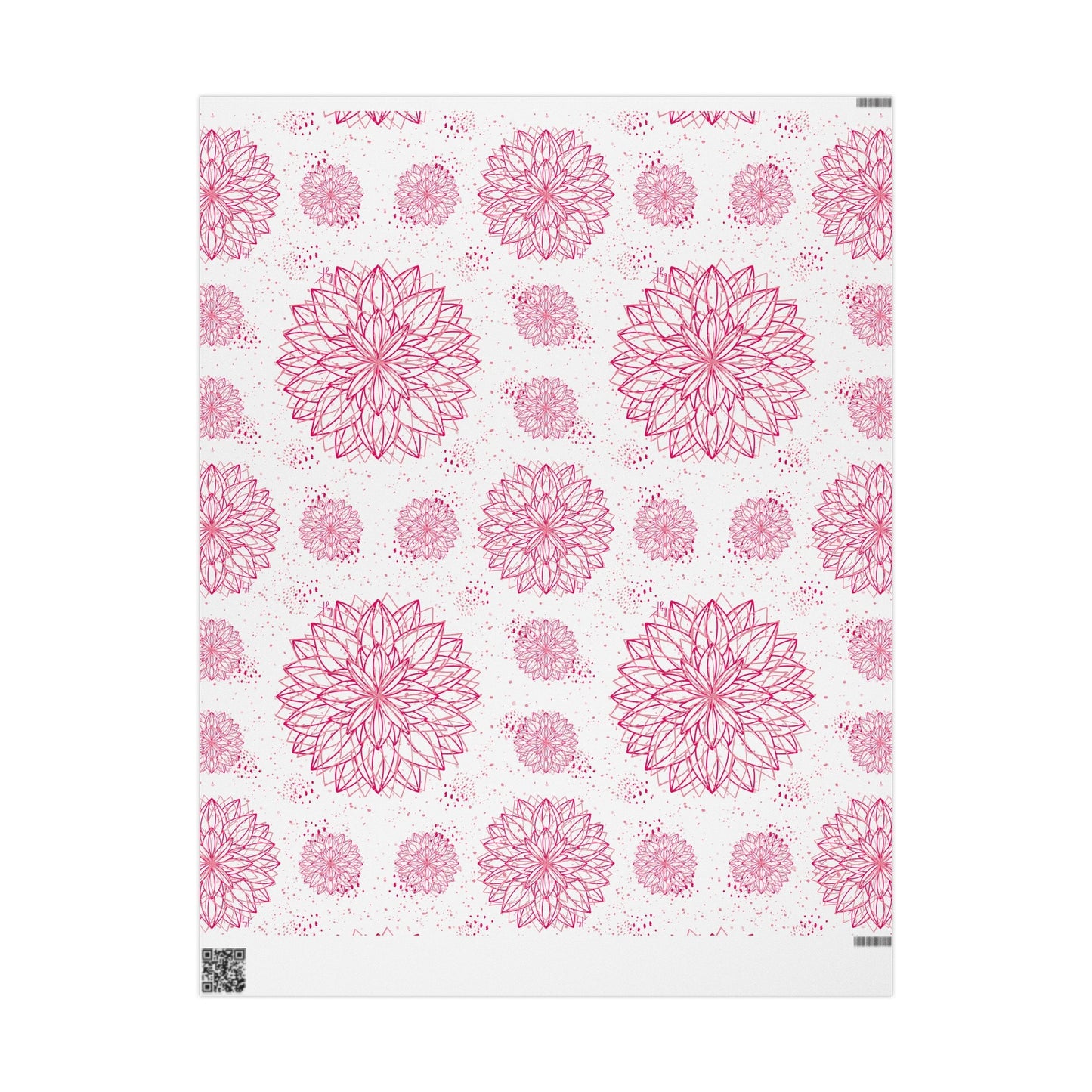 A white sheet of byKath fine-art wrapping paper from Designed byKath.com showcases a repeating pattern of intricate, pink floral mandalas in various sizes. The symmetrical and evenly spaced design creates a uniform and aesthetically pleasing appearance, with a small barcode visible at the bottom left corner.