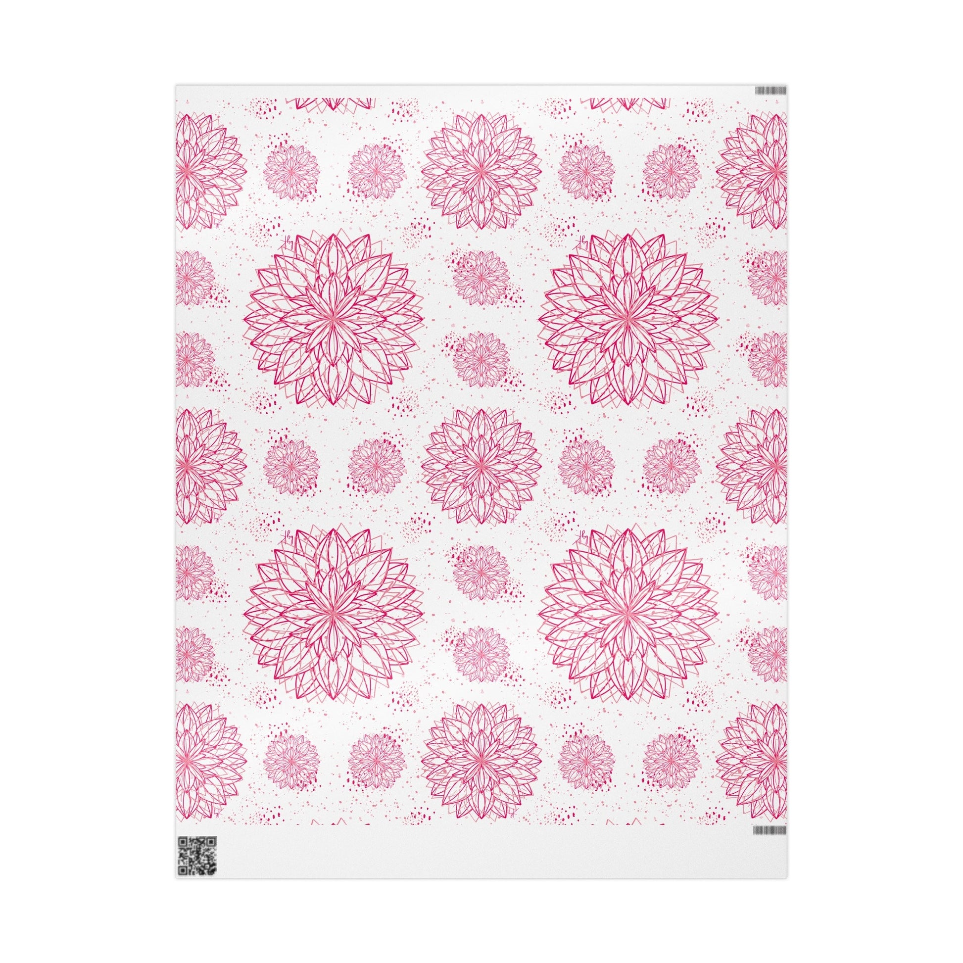 A sheet of byKath's Designed byKath.com Pink and White Floral Wrapping Paper in various sizes. The high-definition print design features larger intricate flowers arranged in rows with smaller floral motifs scattered throughout on a white background. The edges of the sheet have small barcodes and cut markings, making it perfect for fine-art wrapping paper.