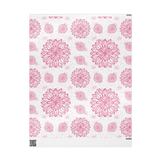 A sheet of byKath's Designed byKath.com Pink and White Floral Wrapping Paper in various sizes. The high-definition print design features larger intricate flowers arranged in rows with smaller floral motifs scattered throughout on a white background. The edges of the sheet have small barcodes and cut markings, making it perfect for fine-art wrapping paper.