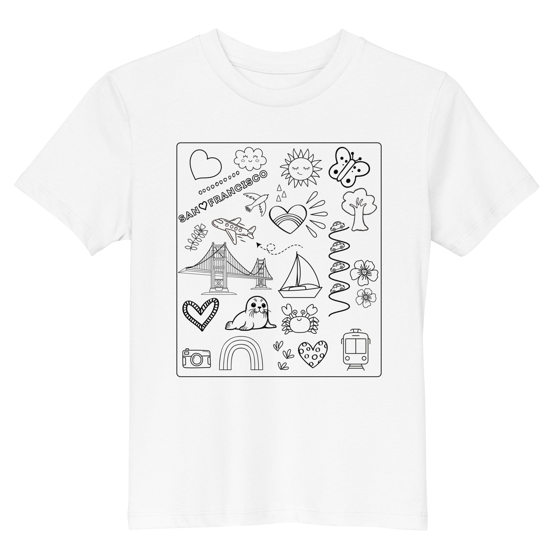 The San Francisco Color-in Tee: Organic cotton kids t-shirt by byKath.com is a white tee featuring a collection of outlined, black ink doodles, including a butterfly, kite, rainbow, camera, seal, Golden Gate Bridge, sailboat, flowers, hearts and sun. This interactive kids clothing experience offers simple designs ready for coloring.