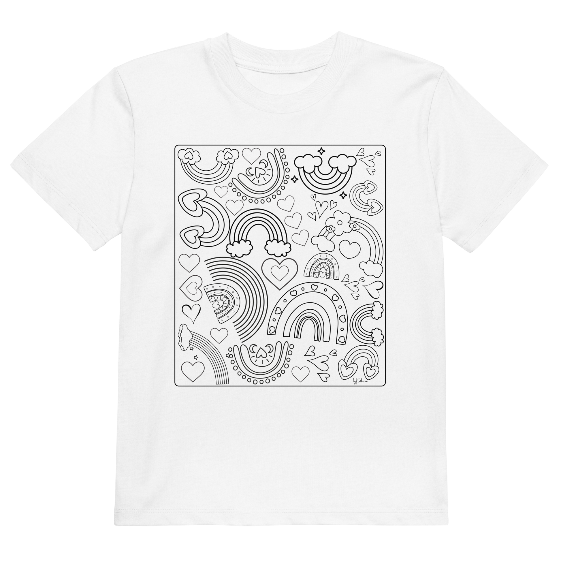 The Rainbow Doodles Color-in Tee from byKath.com is an organic cotton kids' T-shirt in white, featuring a black line-drawn design on the front. The playful, overlapping whimsical shapes include rainbows, hearts, clouds, and stars in a doodle-like style. This interactive coloring shirt makes for a fun and cheerful customizable gift.