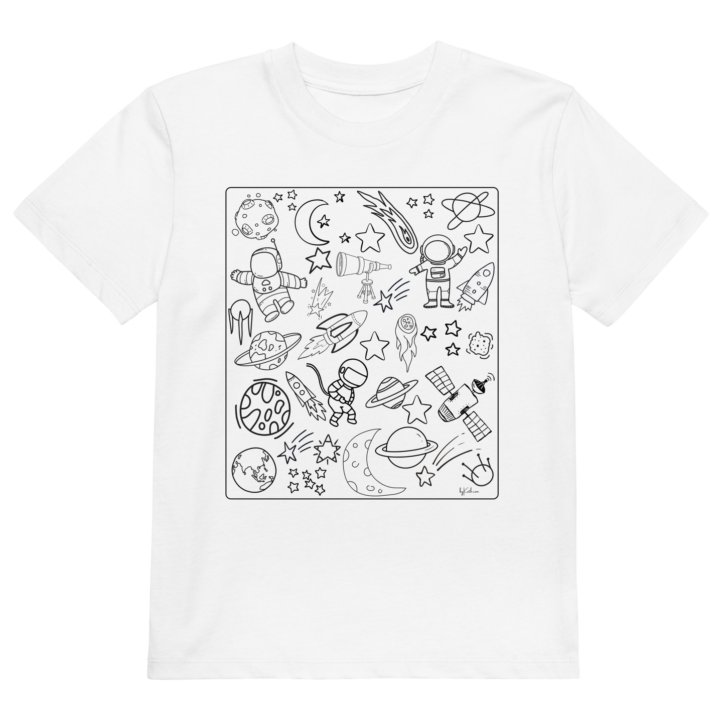 The Space Adventure Doodles Color-in Tee from byKath.com is a white organic cotton kids' t-shirt featuring a playful black outline illustration of various space-themed elements, including astronauts, rockets, planets, stars, comets, satellites, and space shuttles scattered on the front. Made from 100% organic cotton for ultimate comfort.