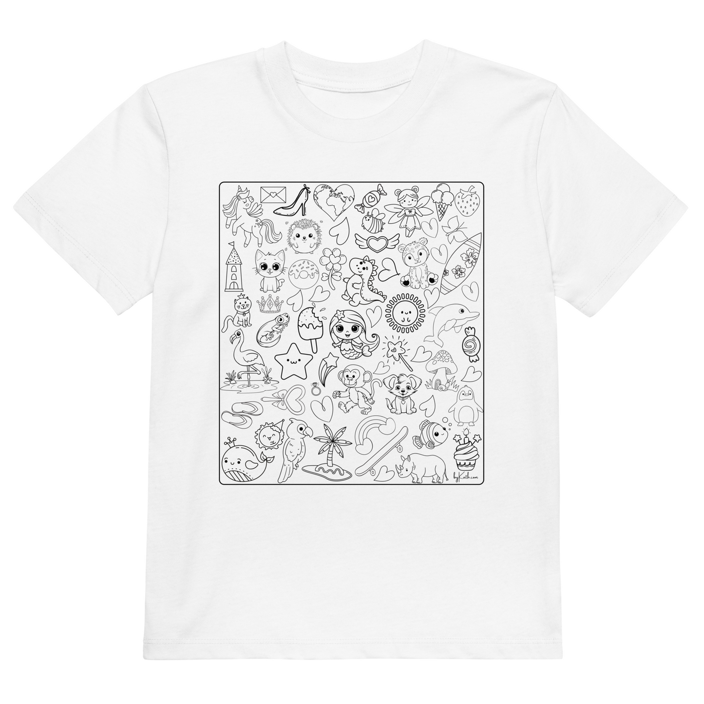 The Happy Doodles Color-in Tee by byKath.com is an organic cotton kids T-shirt that boasts a white fabric adorned with a black outline illustration filled with an array of doodles, including animals, plants, hearts, and other whimsical elements. This playful and intricate design makes it ideal for creative activities and mindful moments.